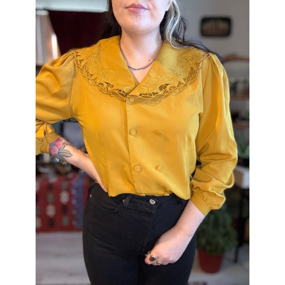 Vintage Express Mustard Yellow Embroidered Collar Cottagecore Blouse - Picture 2 of 5